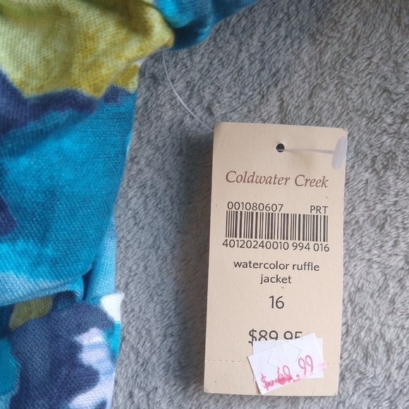 Coldwater Creek NWT Linen Blend Blue Yellow Watercolor Ruffle Jacket Art to Wear - Picture 8 of 9